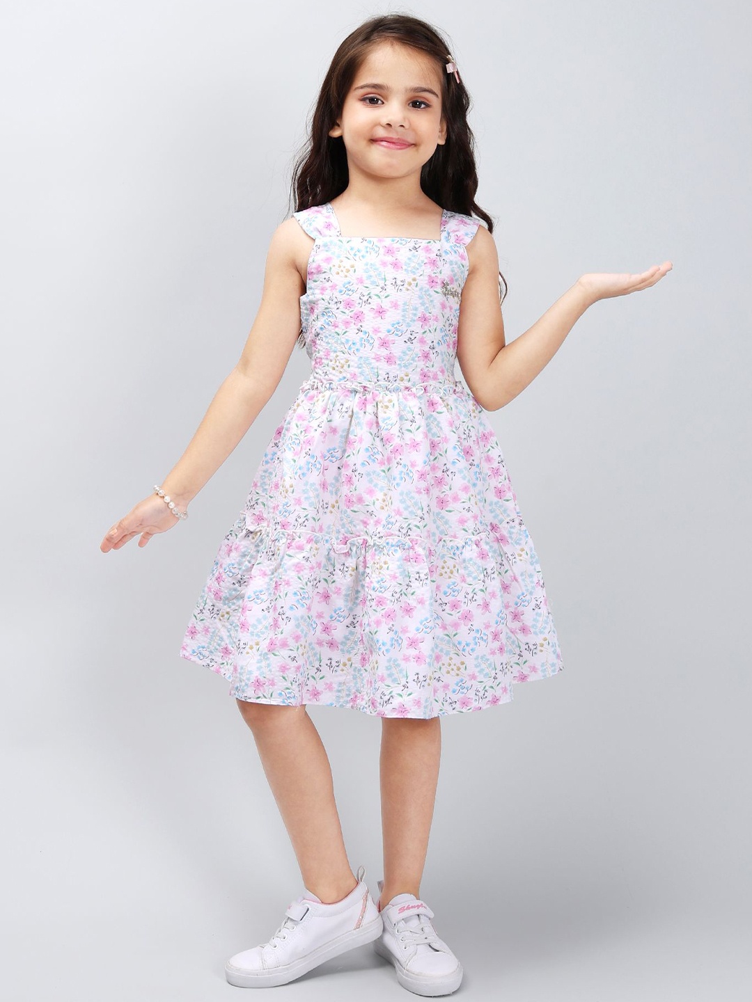 

PINK MERMAID Girls Floral Printed Fit and Flare Dress, Blue