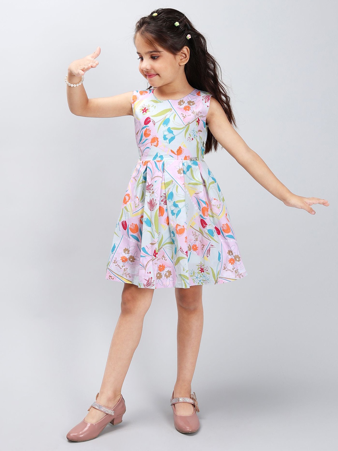 

PINK MERMAID Girls Floral Printed Pure Cotton Fit and Flare Dress, White