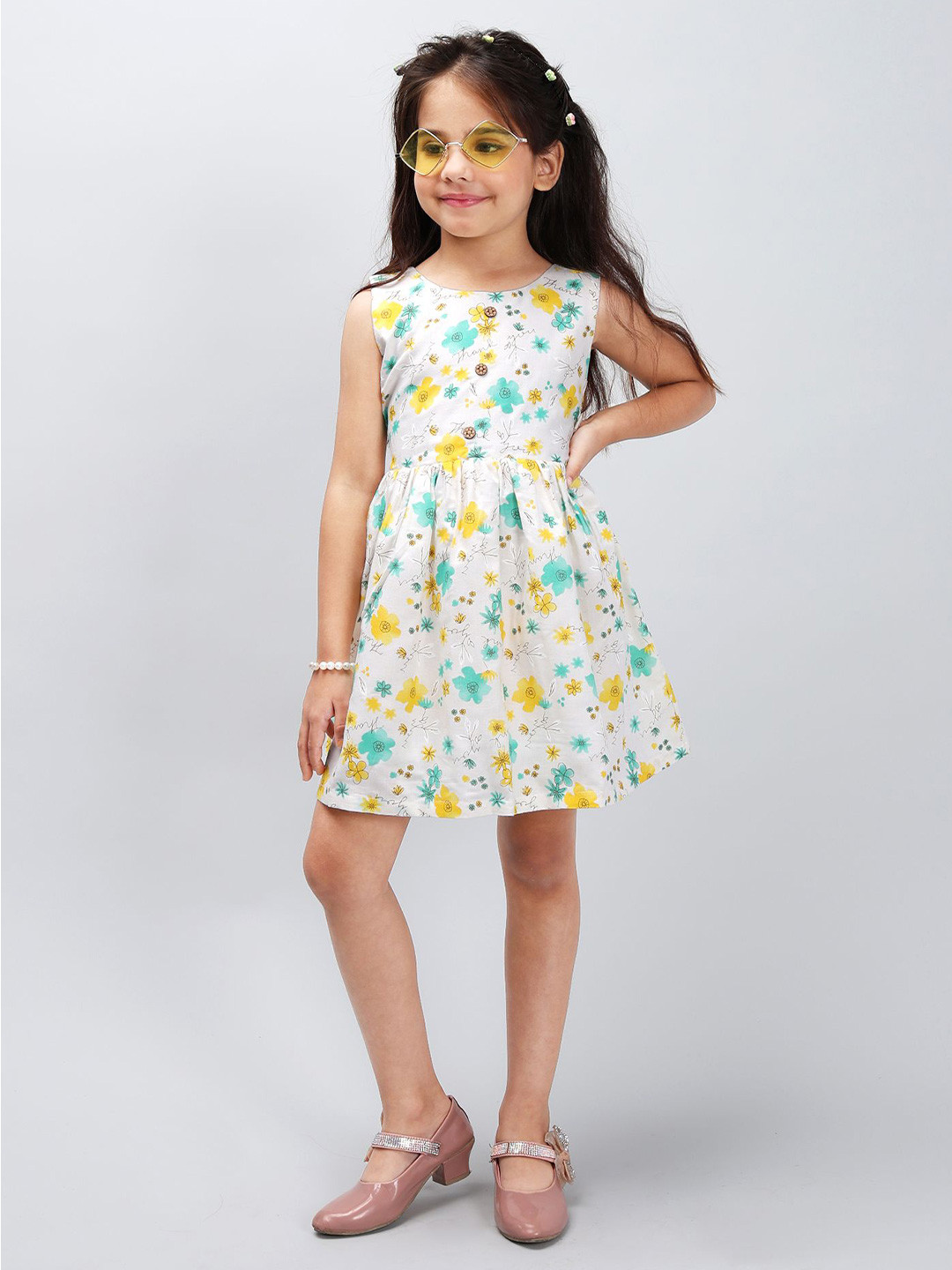 

PINK MERMAID Girls Floral Printed A-Line Knee Length Dress, White