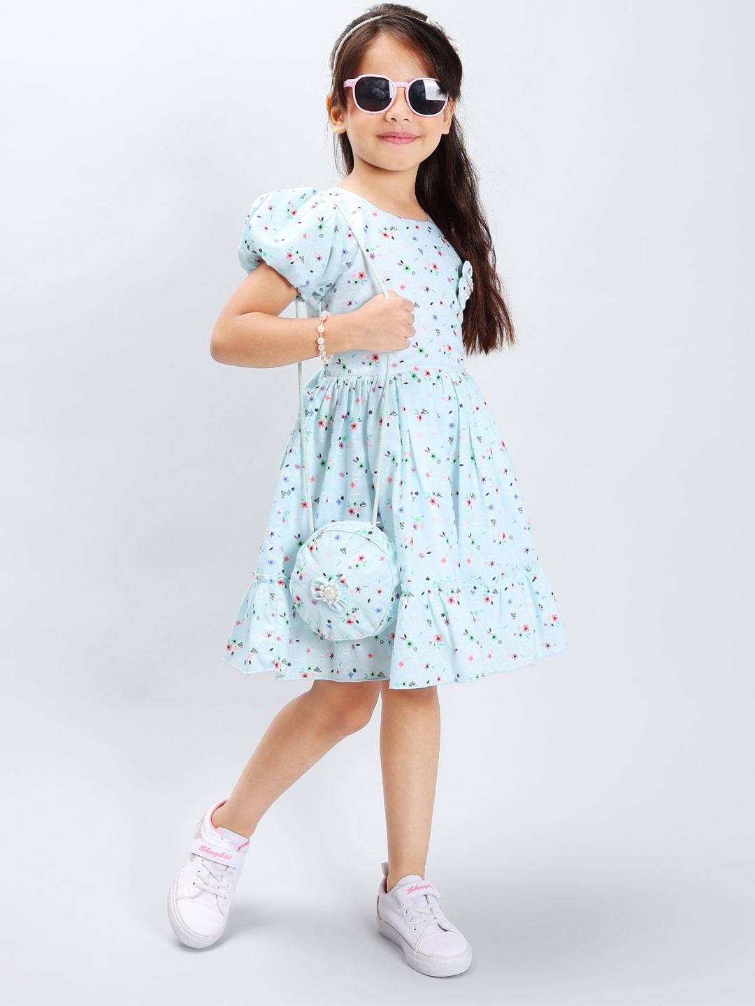 

PINK MERMAID Cotton Floral Printed Puff Sleeve Fit and Flare Dress, Blue