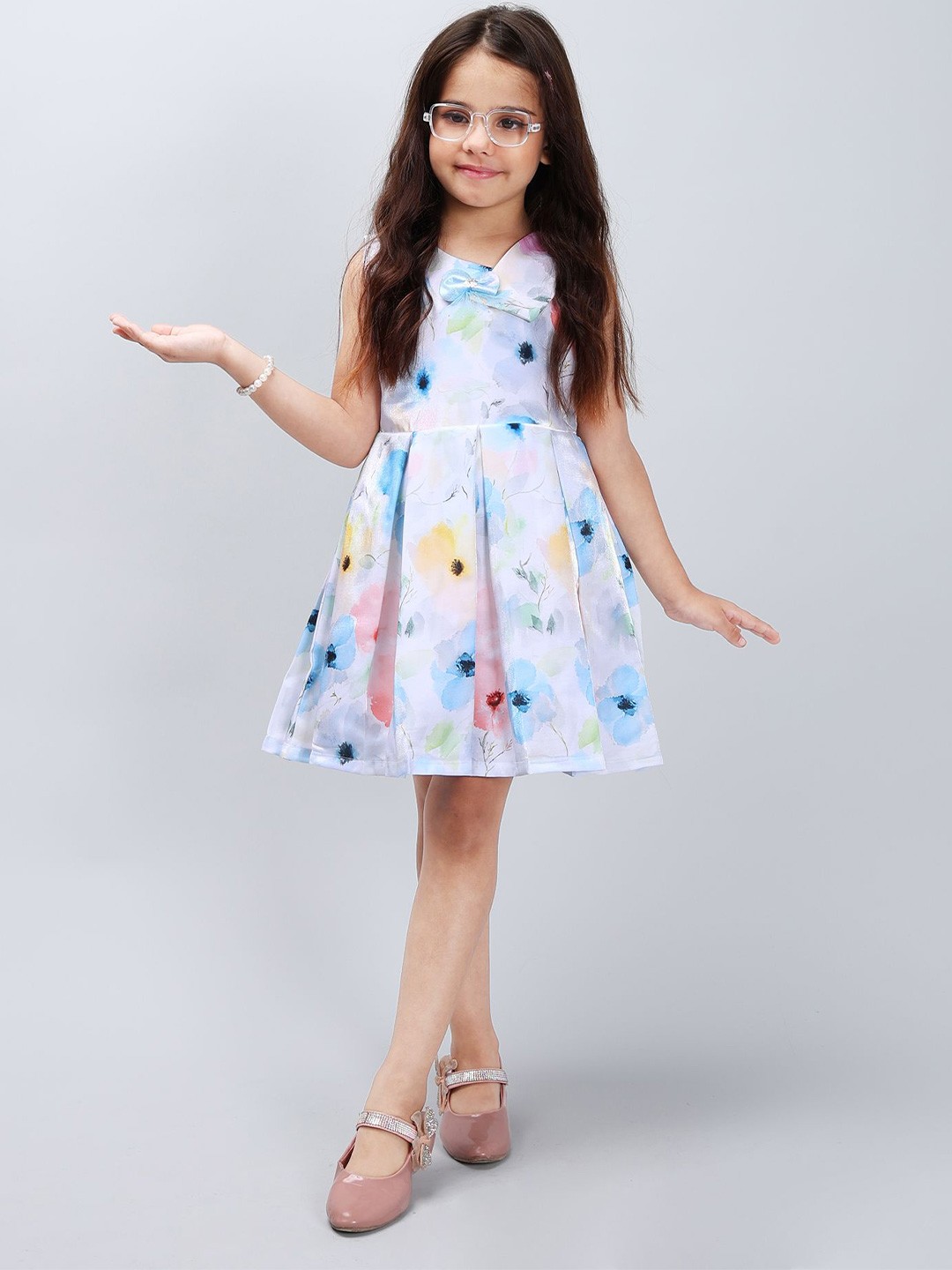 

PINK MERMAID Girls Floral Printed Cotton A-Line Knee Length Dress, Blue