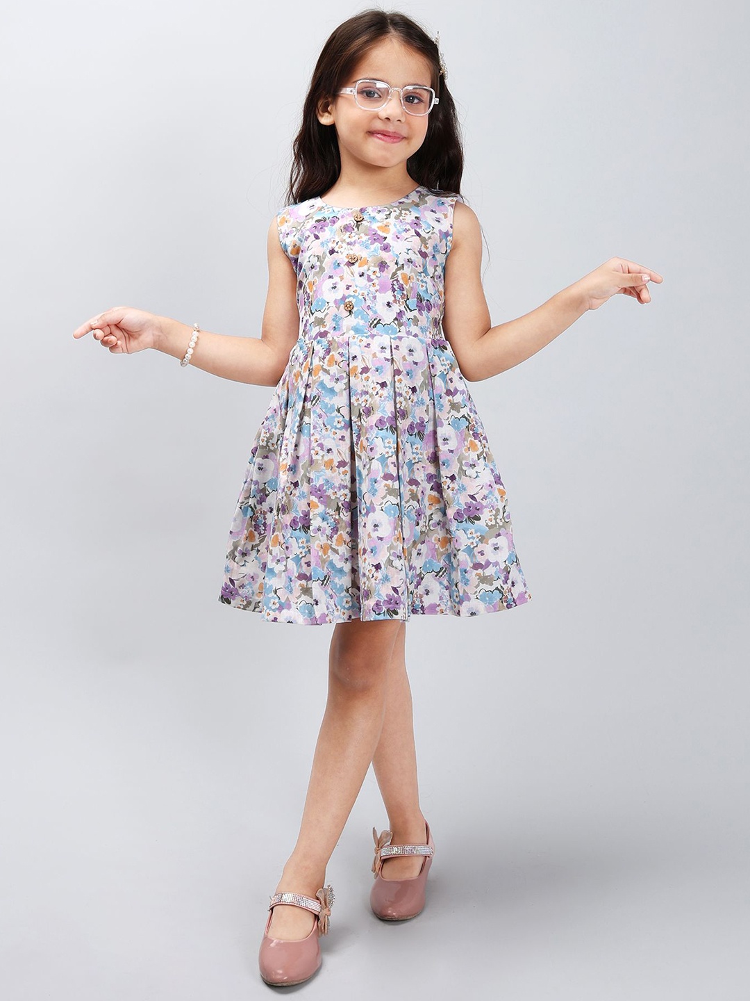 

PINK MERMAID Girls Floral Printed Fit and Flare Dress, Purple