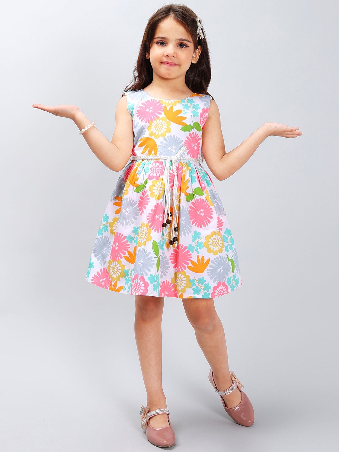 

PINK MERMAID Girls Floral Printed Fit & Flare Dress, Orange