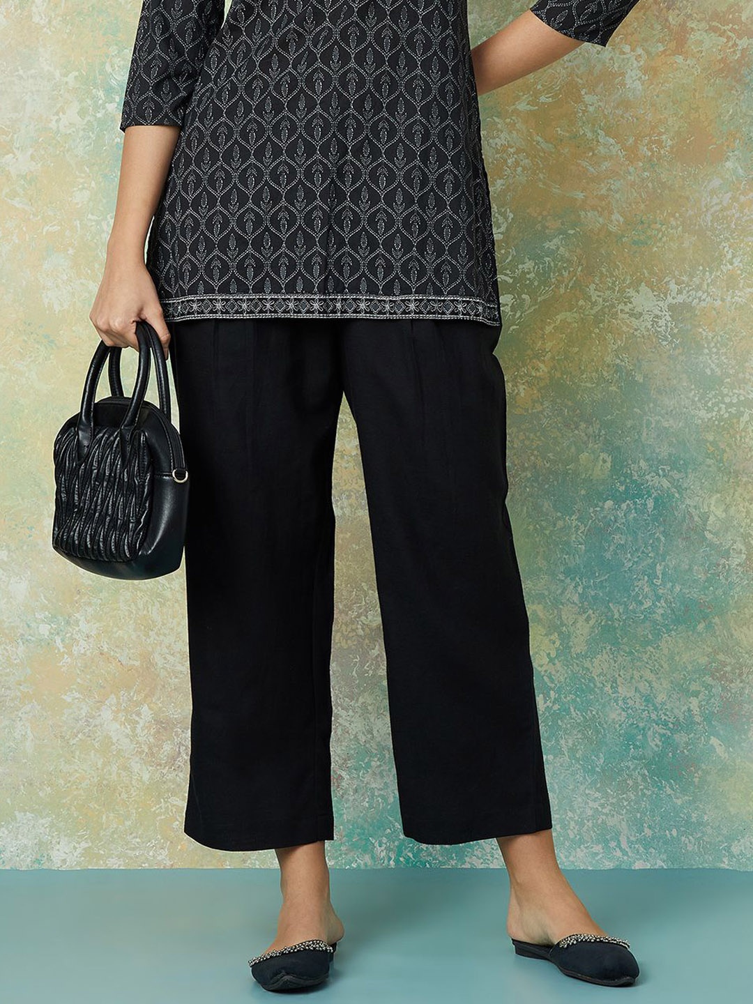 

Melange by Lifestyle Women Regular Fit Mid-Rise Parallel Trousers, Black