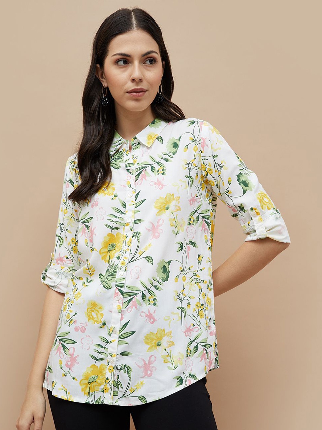 Melange by Lifestyle Women Spread Collar Floral Printed Cotton Casual Shirt, White