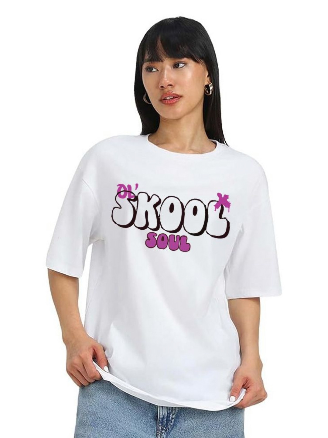 

VIXENLY Women Graphic Printed Round Neck Cotton Relaxed Fit T-shirt, White