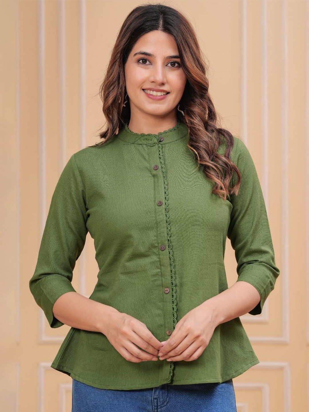 

KALINI Women Mandarin Collar Shirt Style Crop Top, Green
