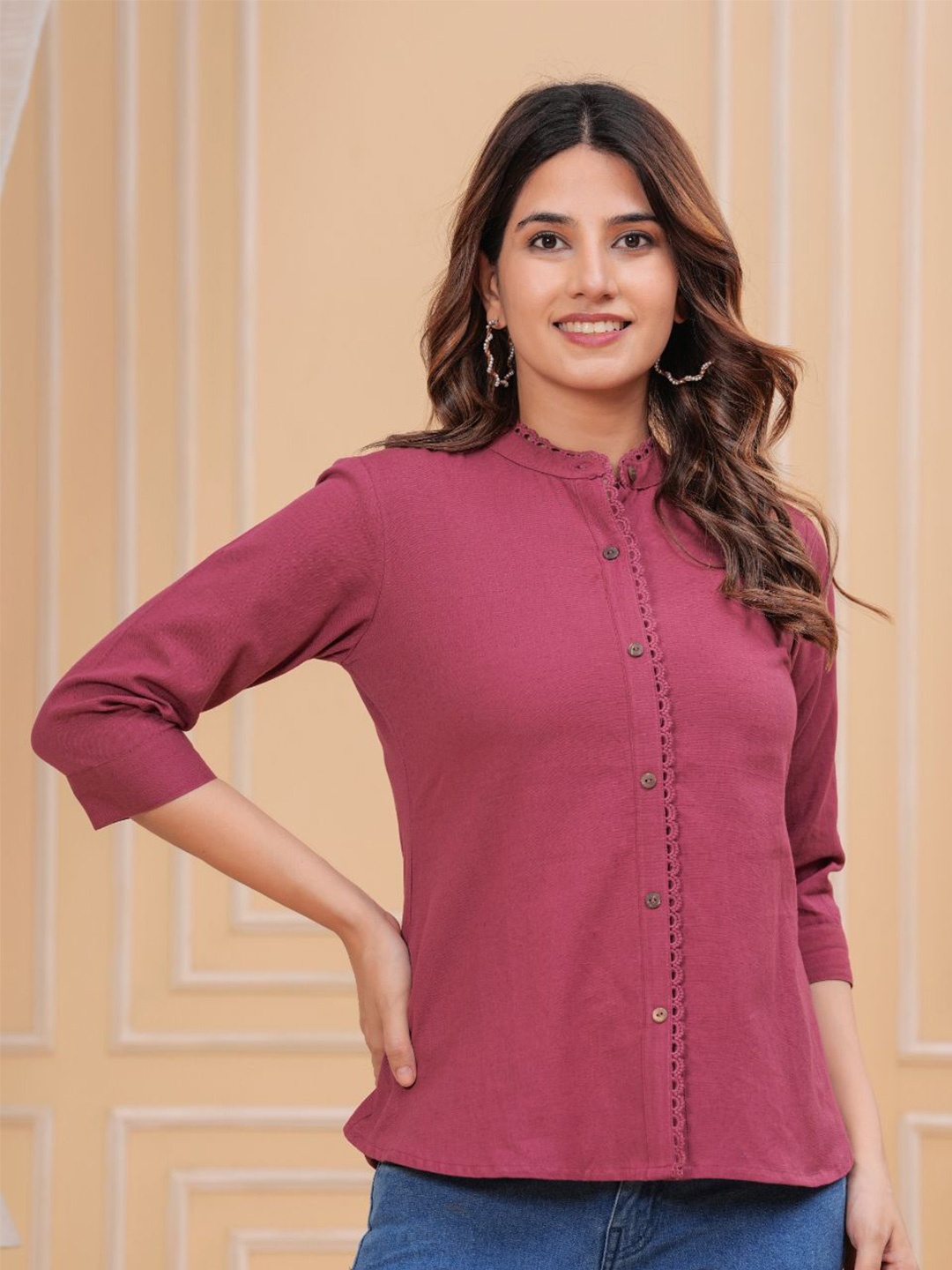 

KALINI Women Mandarin Collar Shirt Style Top, Maroon