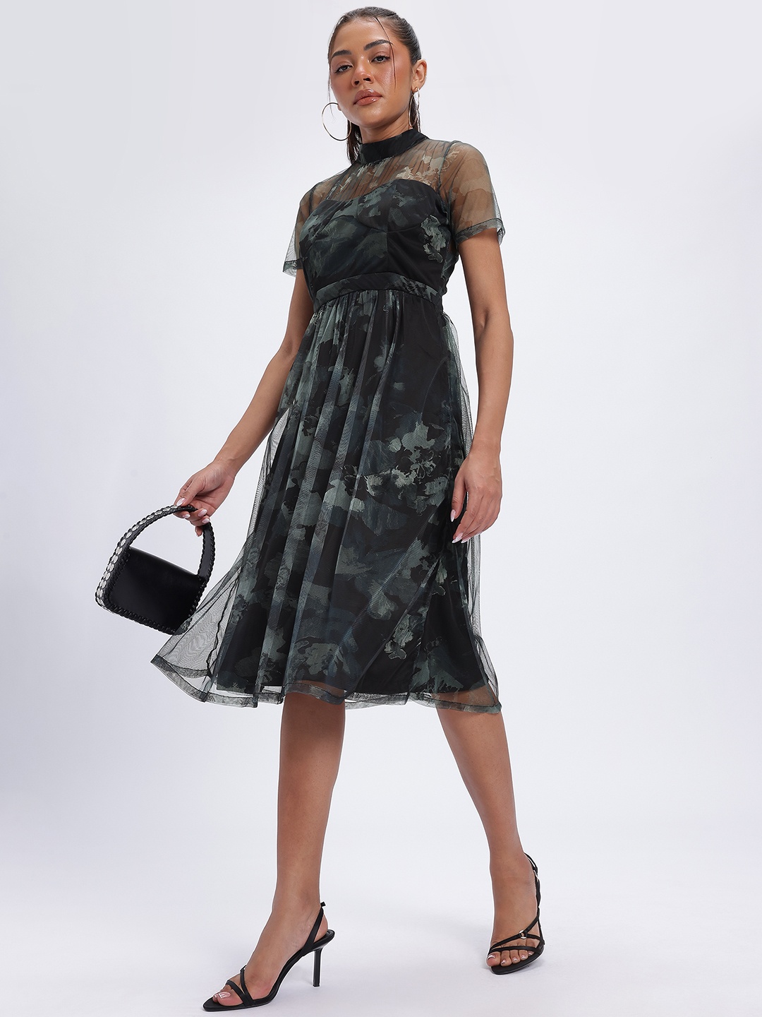 

glitchez Mesh Printed Pleated Semi-Sheer Midi Fit & Flare Dress, Black