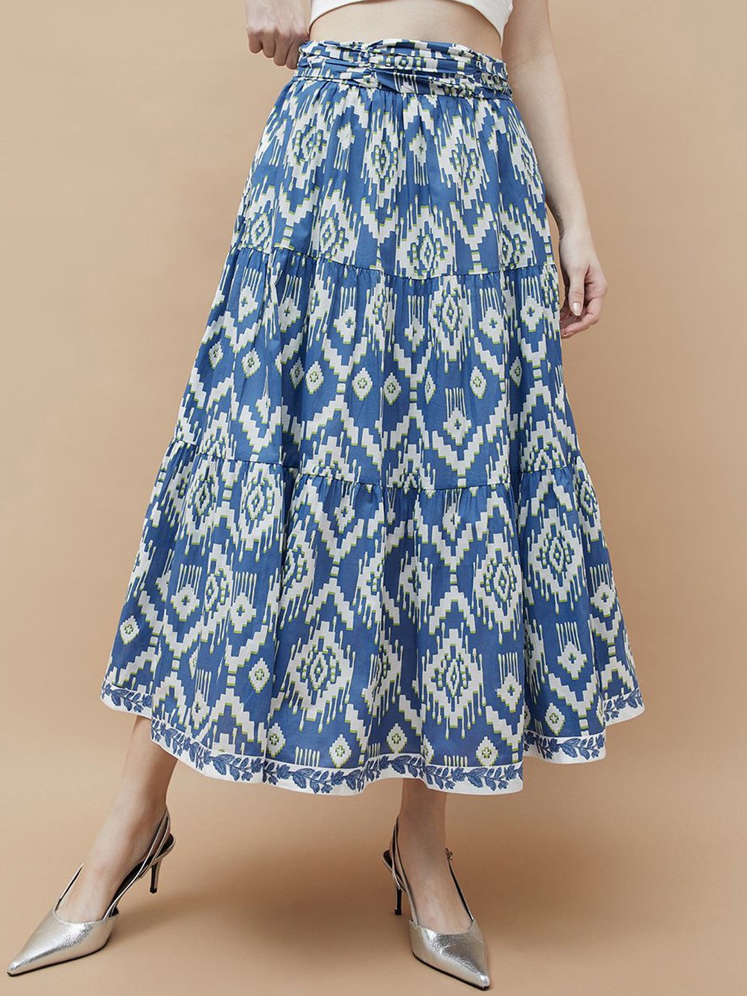 

Colour Me by Melange Women Printed Pure Cotton Tiered Maxi Skirts, Blue