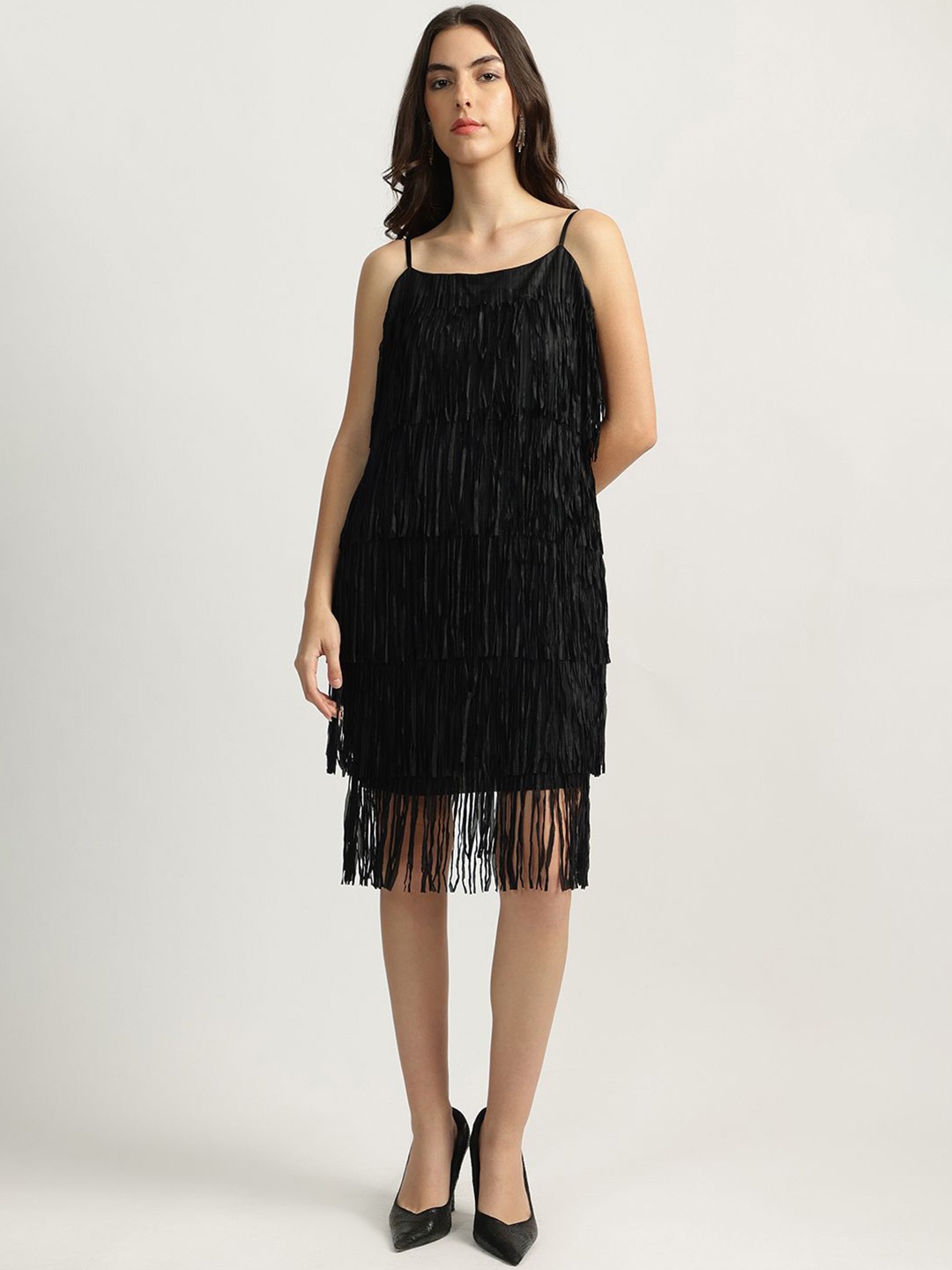 

CENTRESTAGE Women Fringed Shoulder Straps A-Line Dress, Black