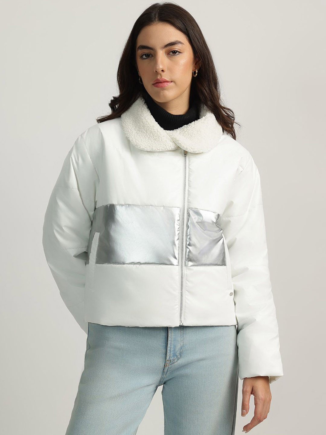 

ELLE Women Spread Collar Colourblocked Casual Puffer Jacket, White
