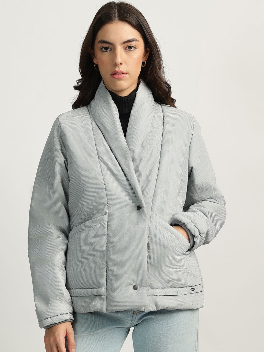 ELLE Women Shawl Collar Solid Casual Padded Jacket, Grey