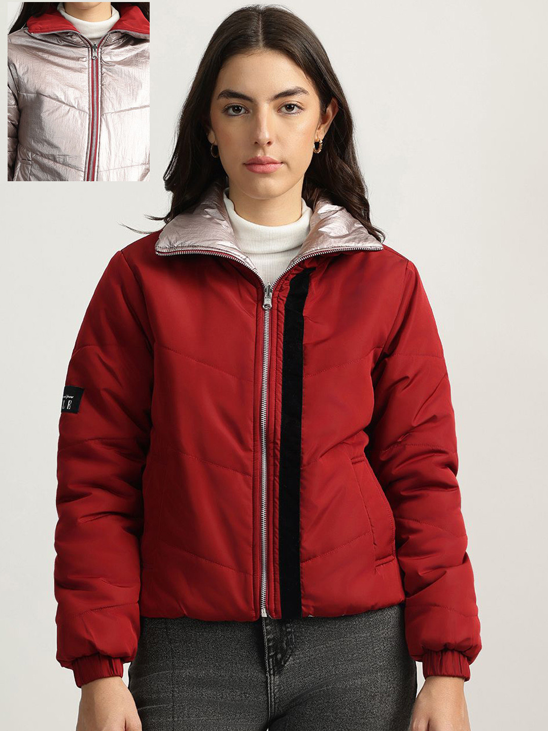 

ELLE Women Mock Collar Solid Casual Reversible Padded Jacket, Maroon