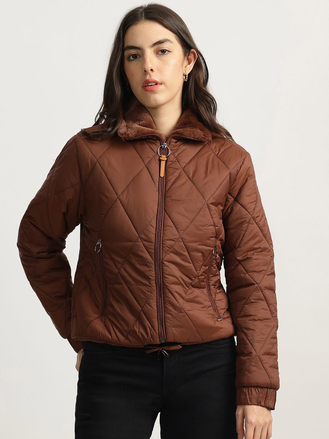 

ELLE Women Spread Collar Solid Casual Parka Jacket, Brown