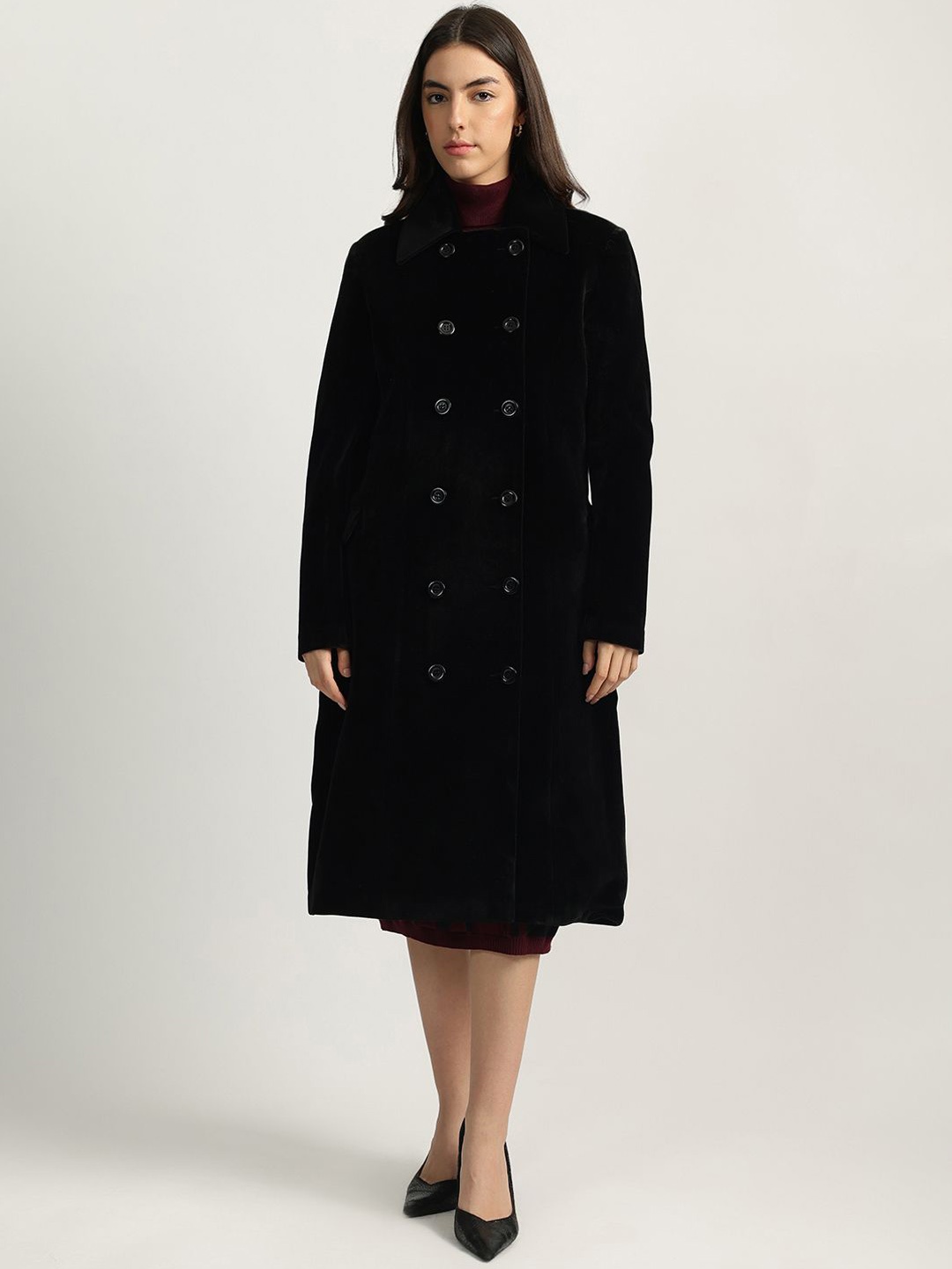 

ELLE Women Spread Collar Double Breasted Overcoat, Black