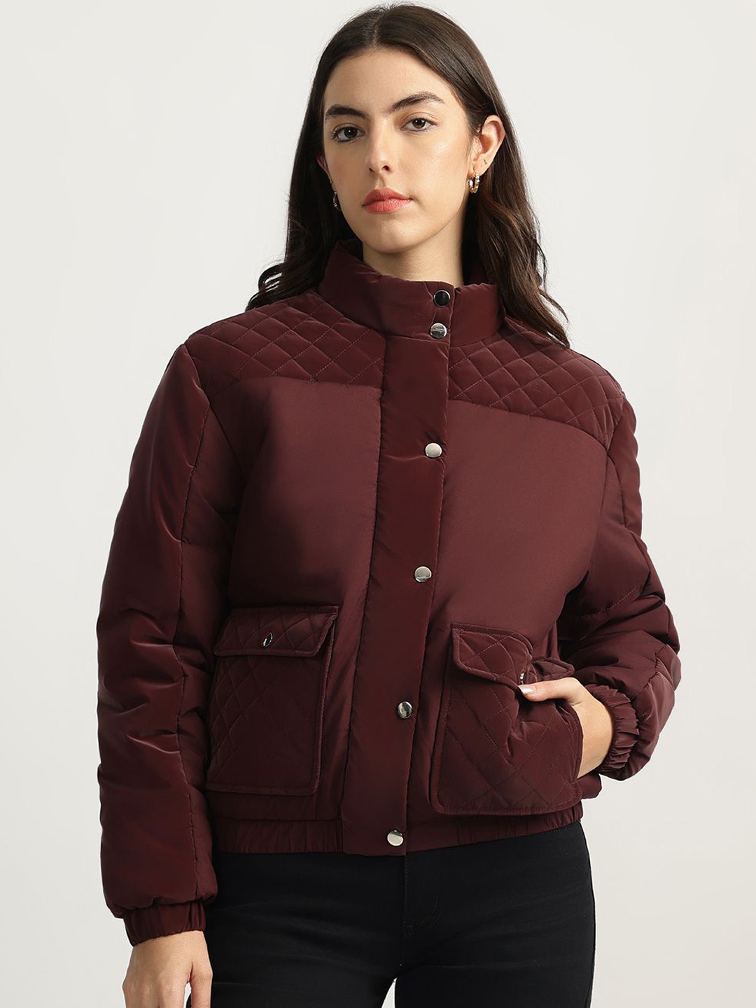 

ELLE Women Mock Collar Solid Casual Quilted Jacket, Maroon