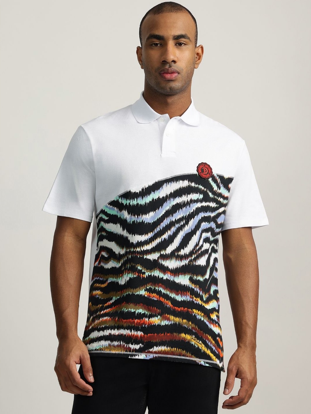

Just Cavalli Men Graphic Printed Polo Collar Cotton T-shirt, White