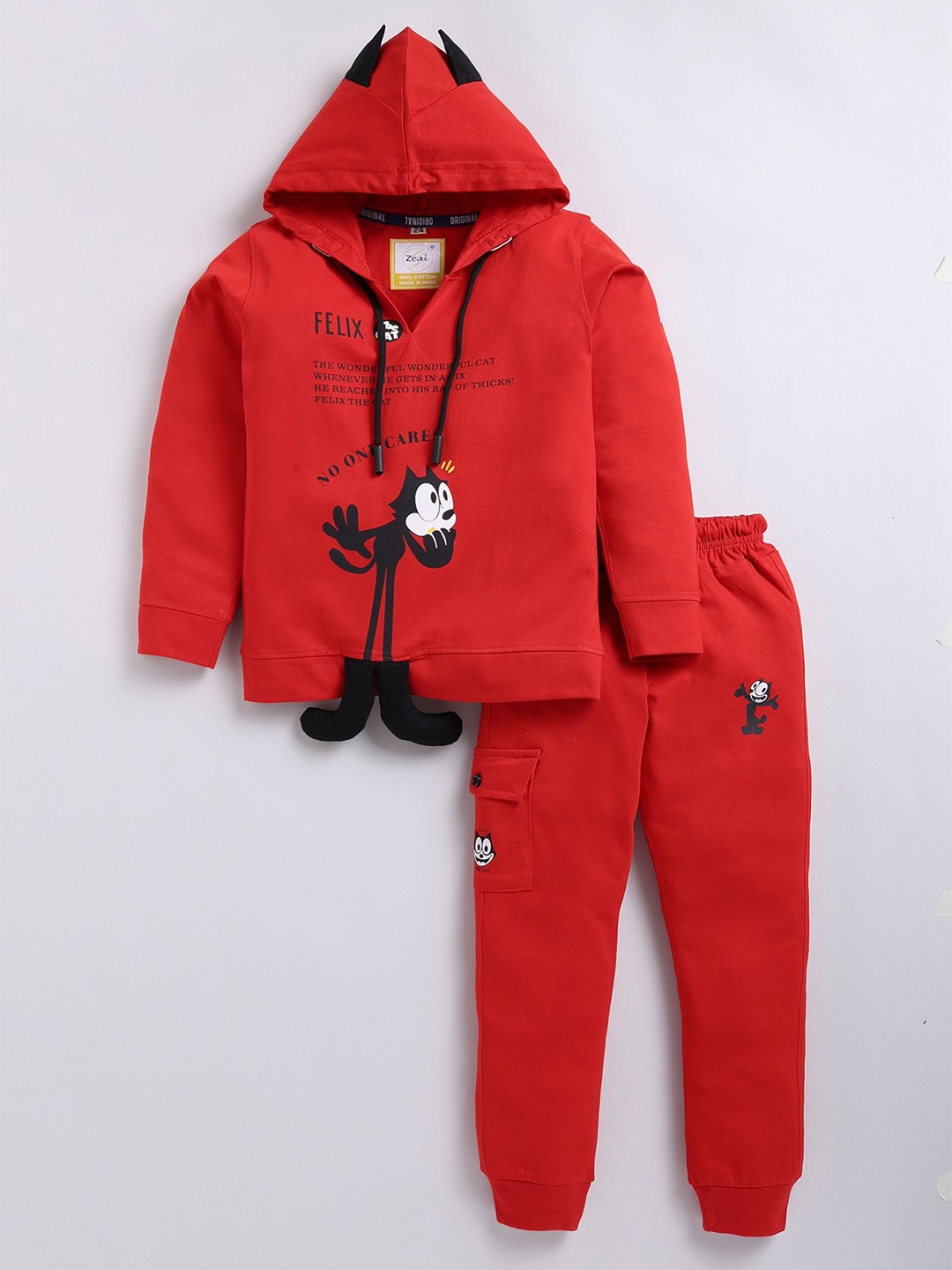 

Zeal Boys Printed Hooded Long Sleeves Pure Cotton Sweatshirt With Jogger, Red