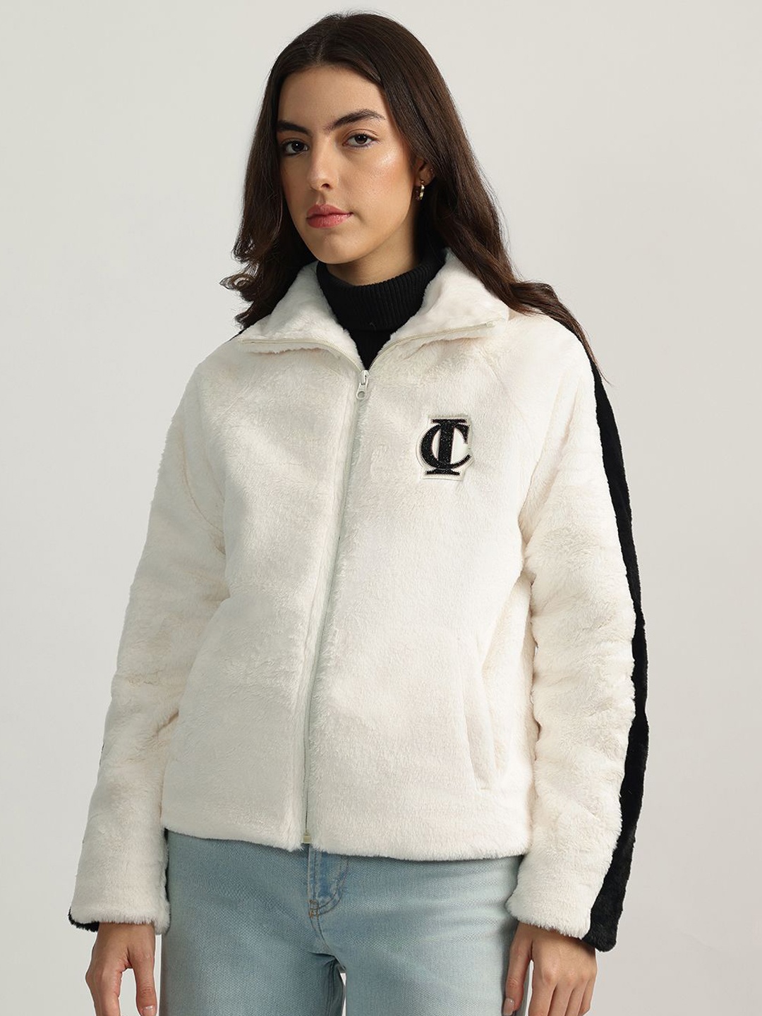 

Iconic Women Mock Collar Self Design Casual Parka Jacket, Off white
