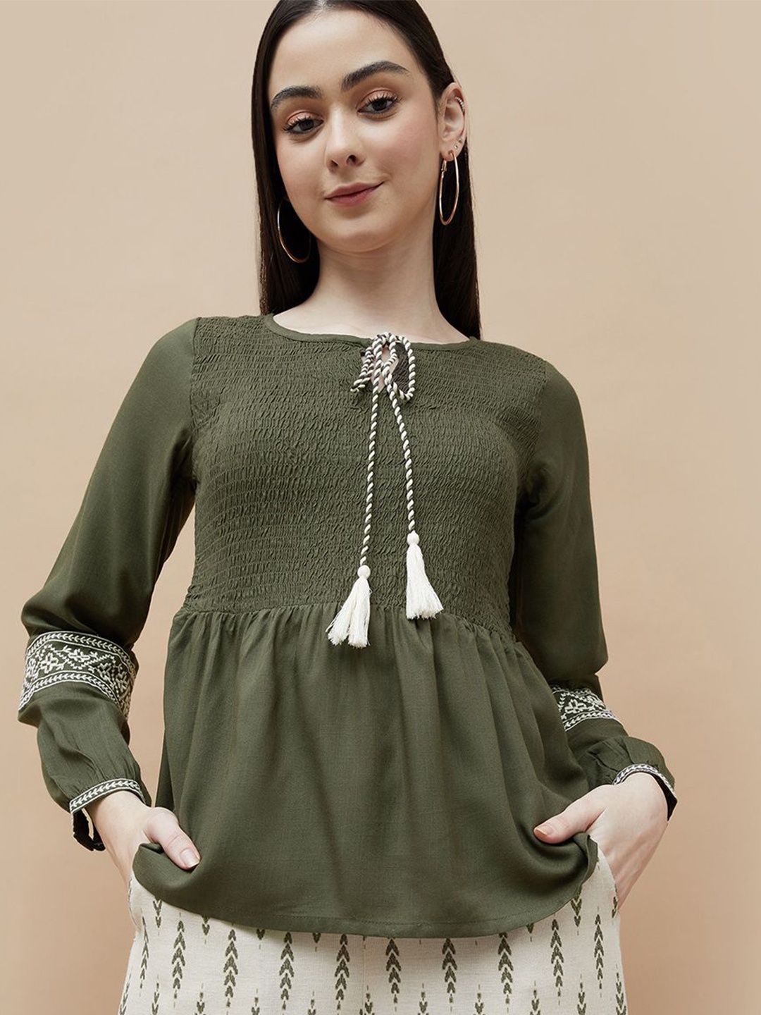 

Fame Forever by Lifestyle Embroidered Smocked Detail Peplum Top, Olive