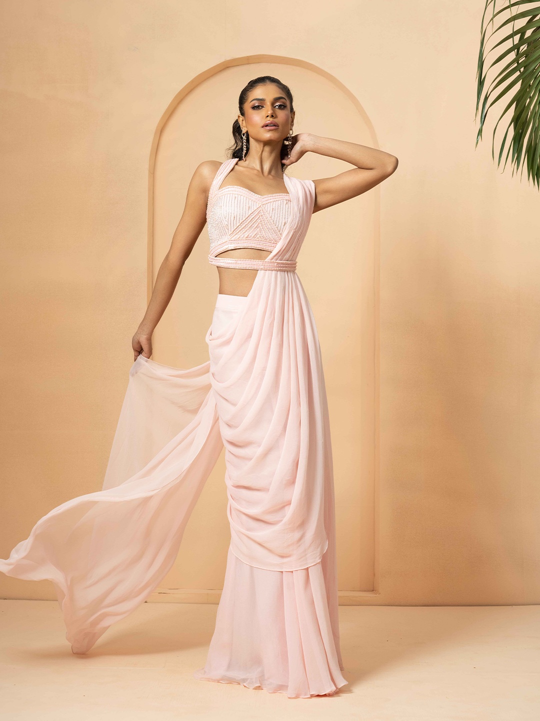 

Quench A Thirst Leheriya Embroidered Pure Georgette Pre-Draped Saree, Pink