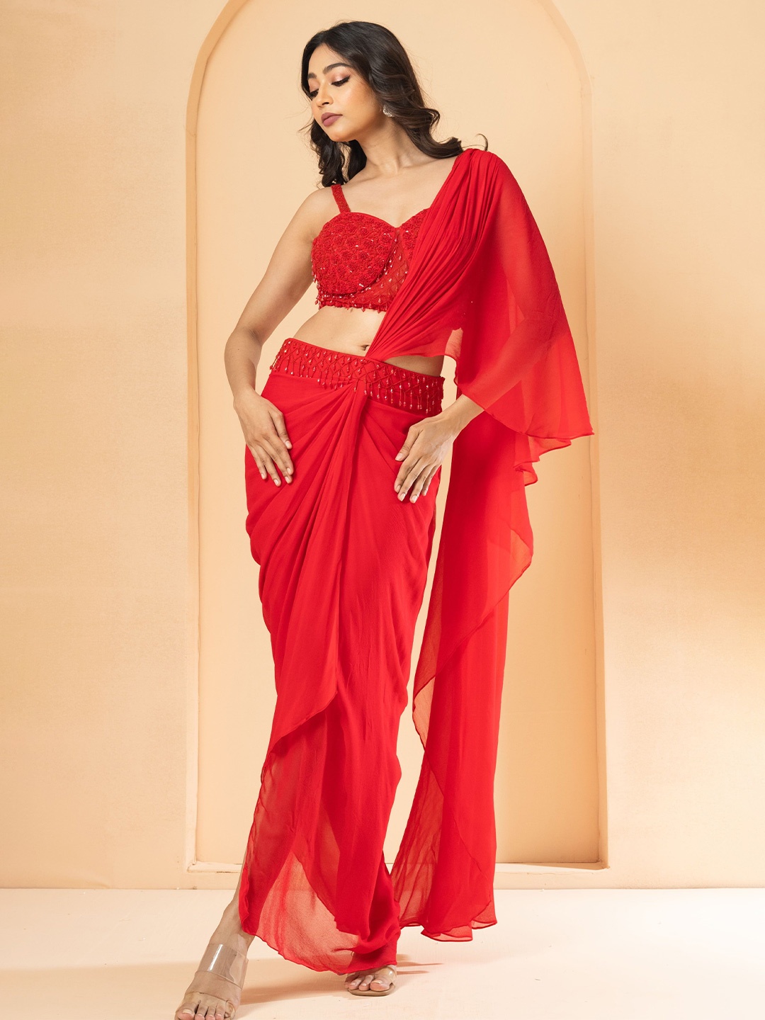 Quench A Thirst Pure Georgette Pre-Draped Saree, Red