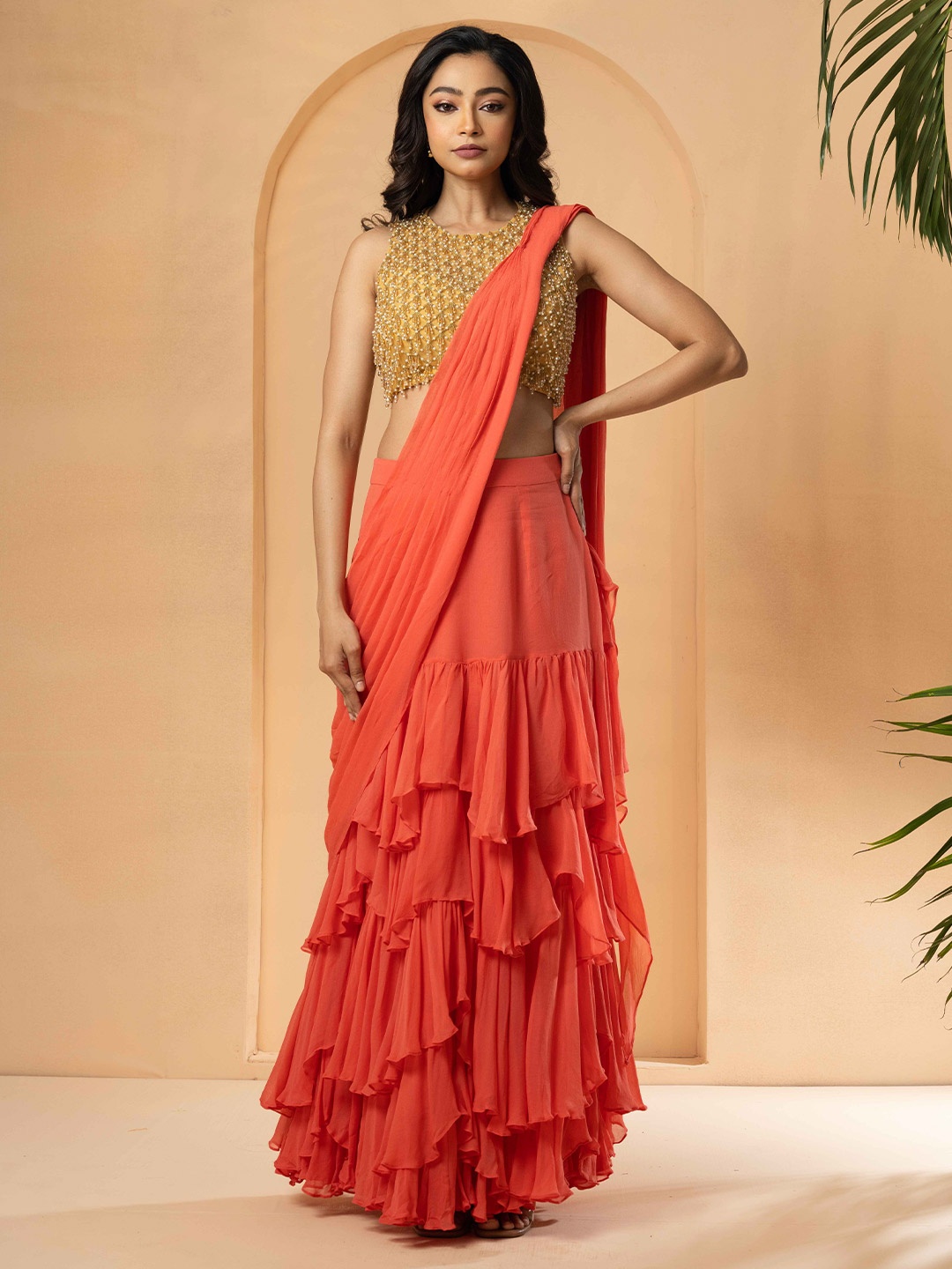 Quench A Thirst Pure Georgette Pre-Draped Saree, Orange