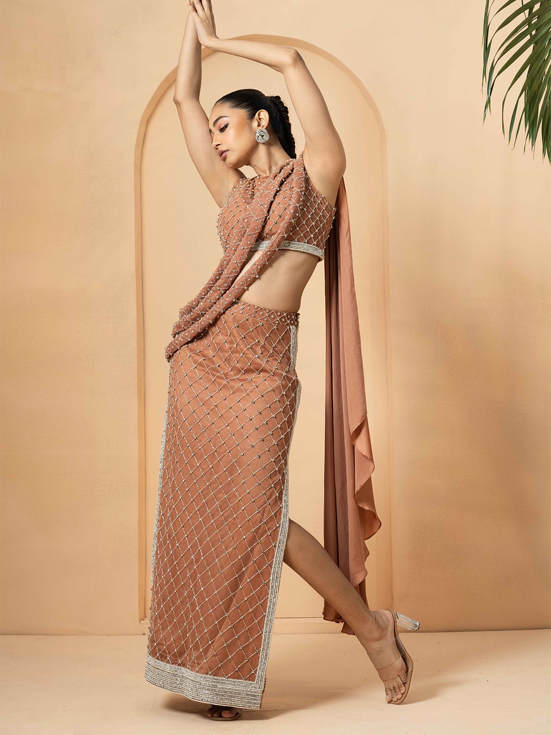 Quench A Thirst Leheriya Embroidered Pure Georgette Pre-Draped Saree, Mauve