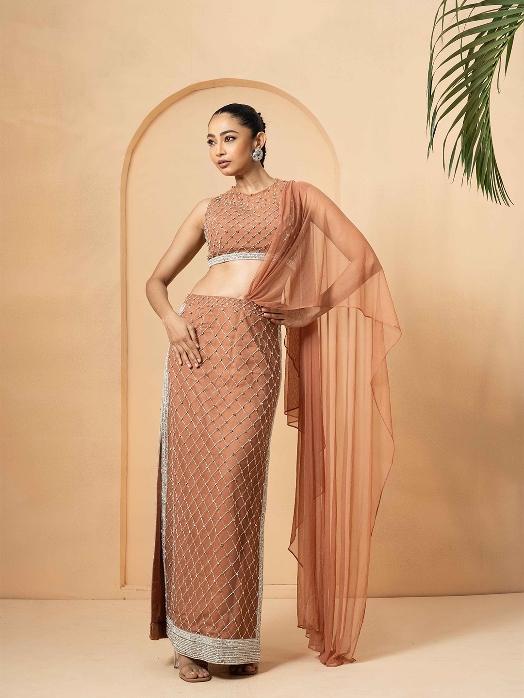 Quench A Thirst Embellished Embroidered Pure Georgette Pre-Draped Saree, Mauve