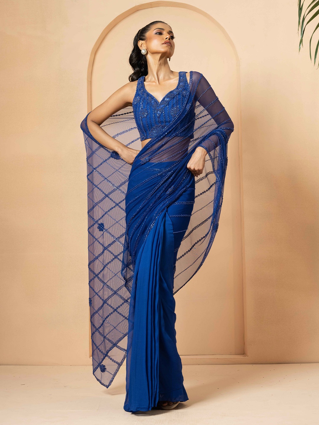 Quench A Thirst Embroidered Pure Georgette Designer Pre-Draped Saree, Blue