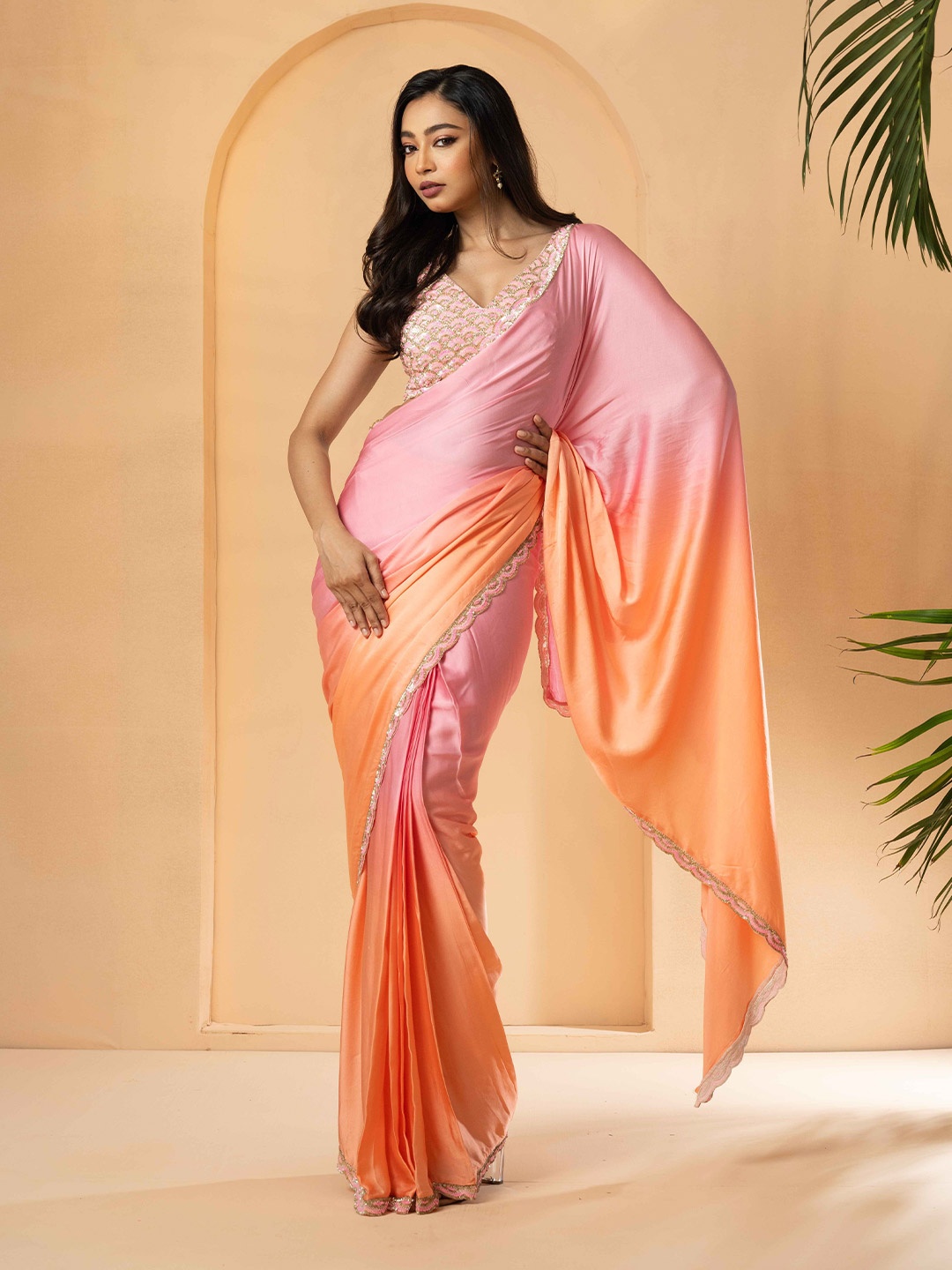 

Quench A Thirst Embroidered Satin Ombre Pre-Draped Saree, Pink