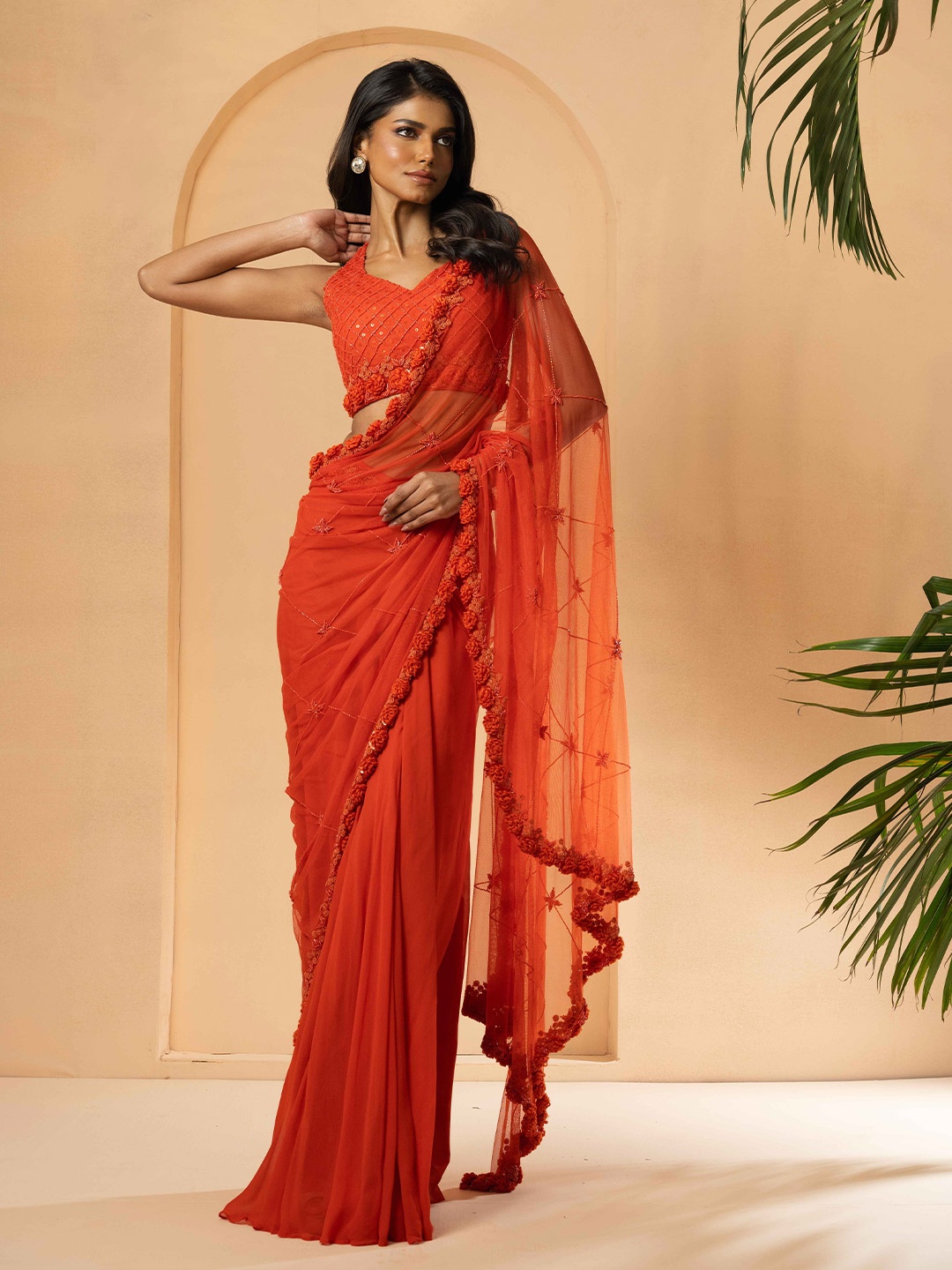 

Quench A Thirst Embroidered Pure Georgette Designer Pre-Draped Saree, Orange