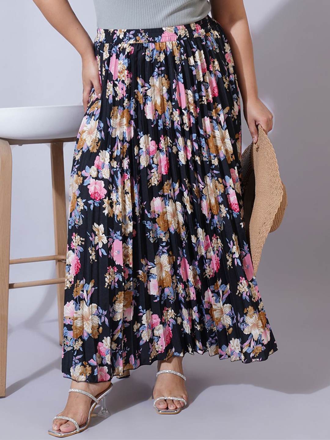 

U&F Beyond Women Plus Size Floral Printed Flared Maxi Skirt, Black