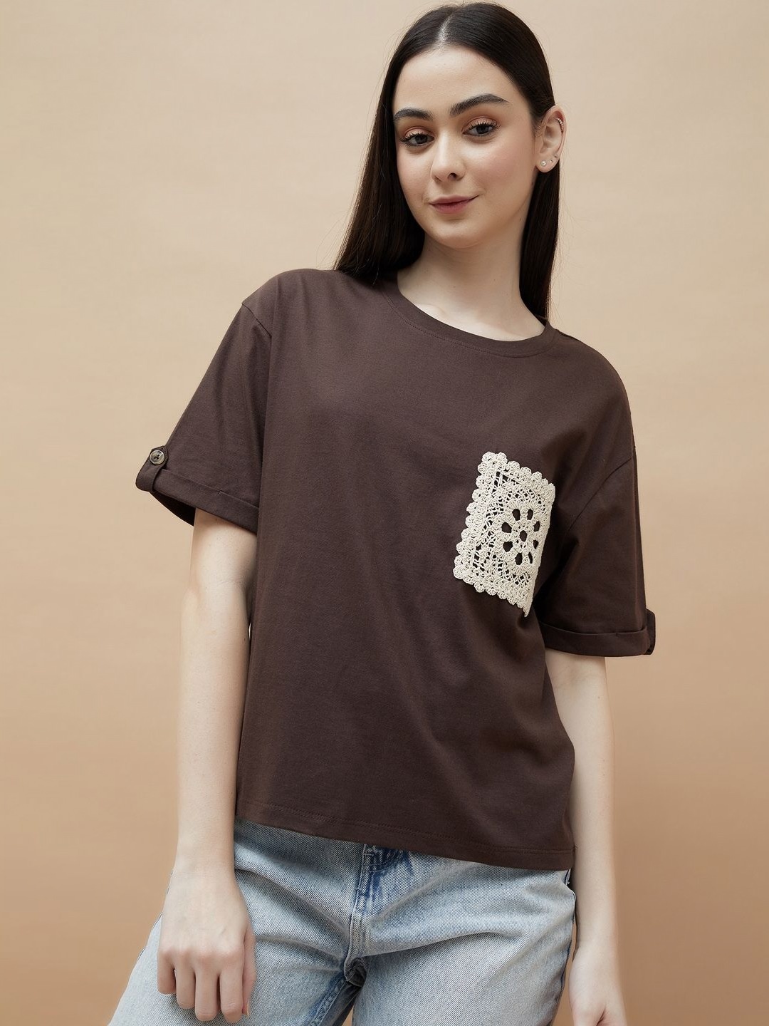 

Fame Forever by Lifestyle Women Solid Round Neck Cotton Relaxed Fit T-shirt, Brown