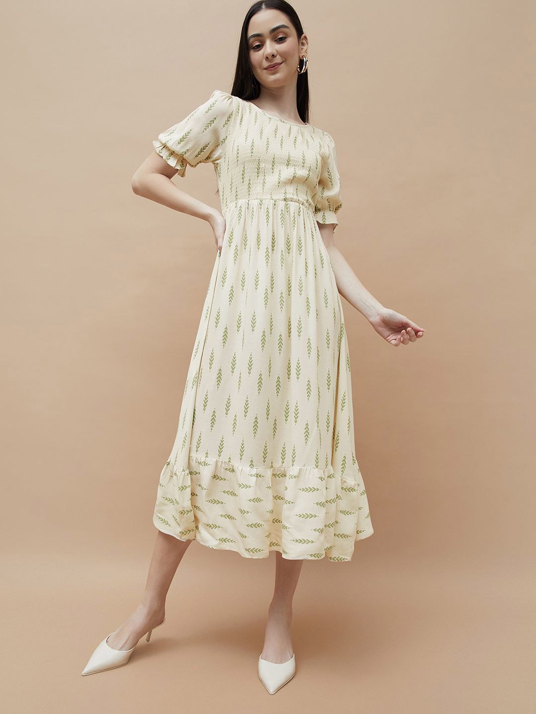 

Fame Forever by Lifestyle Women Printed Fit and Flare Dress, Beige