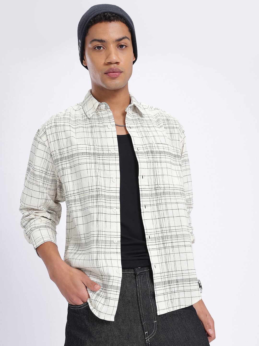 

glitchez Comfort Meets Style Self-Checked Pure Cotton Casual Shirt, White