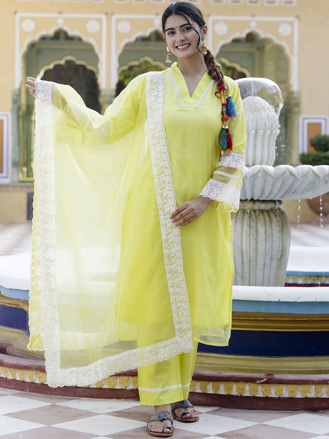 

Navlik Floral Embroidered Kurta with Trousers & Dupatta, Lime green