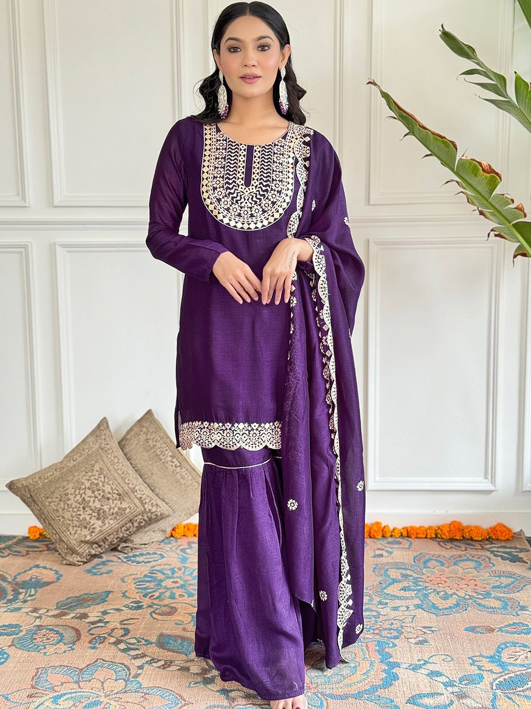 

Navlik Floral Embroidered Kurta with Sharara & Dupatta, Purple