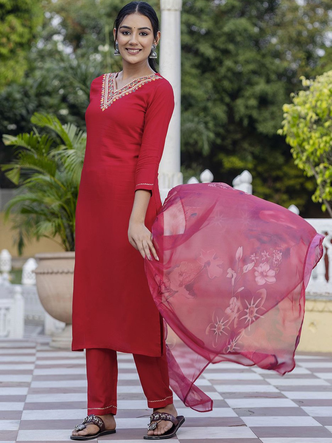 Navlik Embroidered Straight Kurta with Trousers & Dupatta, Red