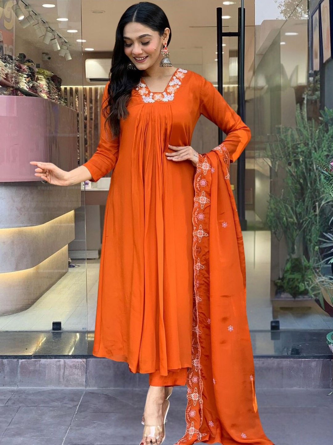 

Navlik Floral Embroidered Pleated Kurta with Trousers & Dupatta, Orange