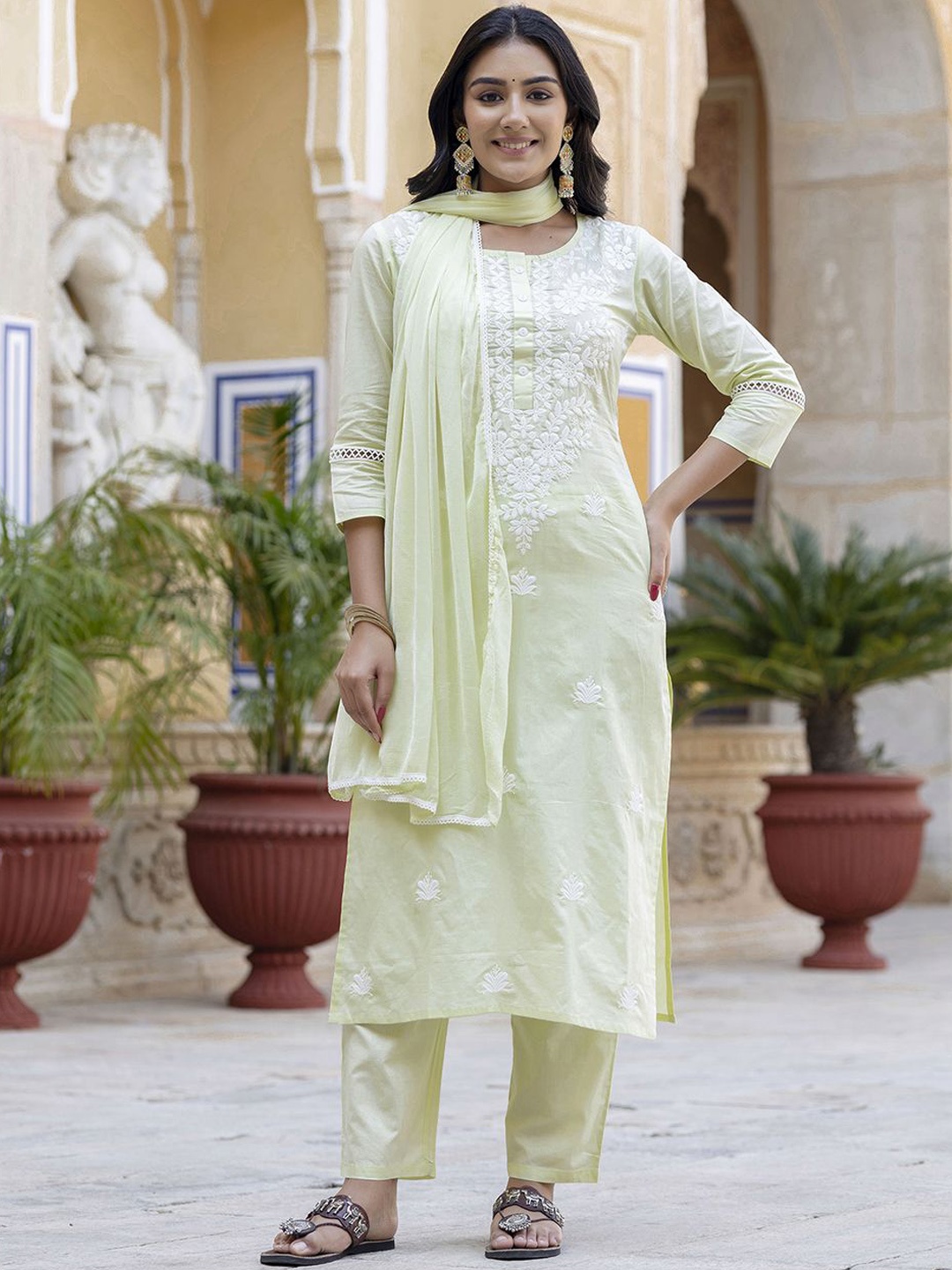 

Navlik Floral Embroidered Kurta With Trousers & Dupatta, Yellow