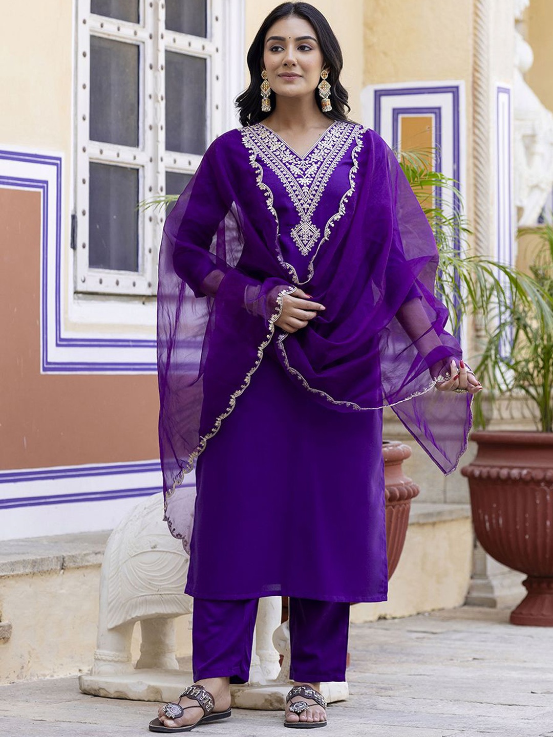 

Navlik Floral Embroidered Kurta With Trousers & Dupatta, Violet