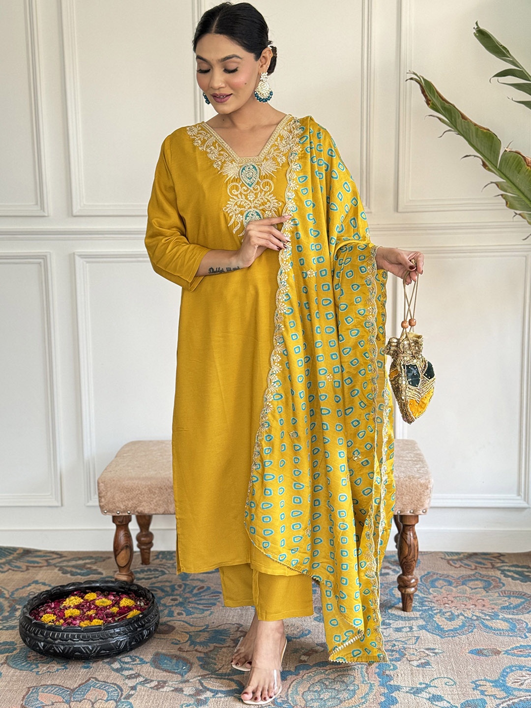 

Navlik Floral Yoke Design Thread Work Kurta with Trousers & Dupatta, Mustard