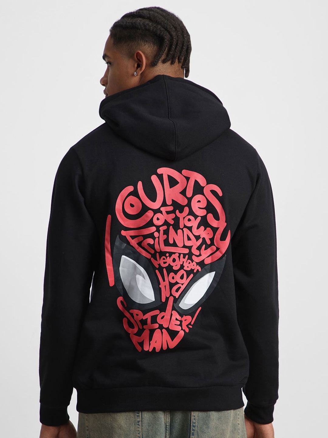 VEIRDO Marvel Men Graphic Printed Hooded Sweatshirt, Black
