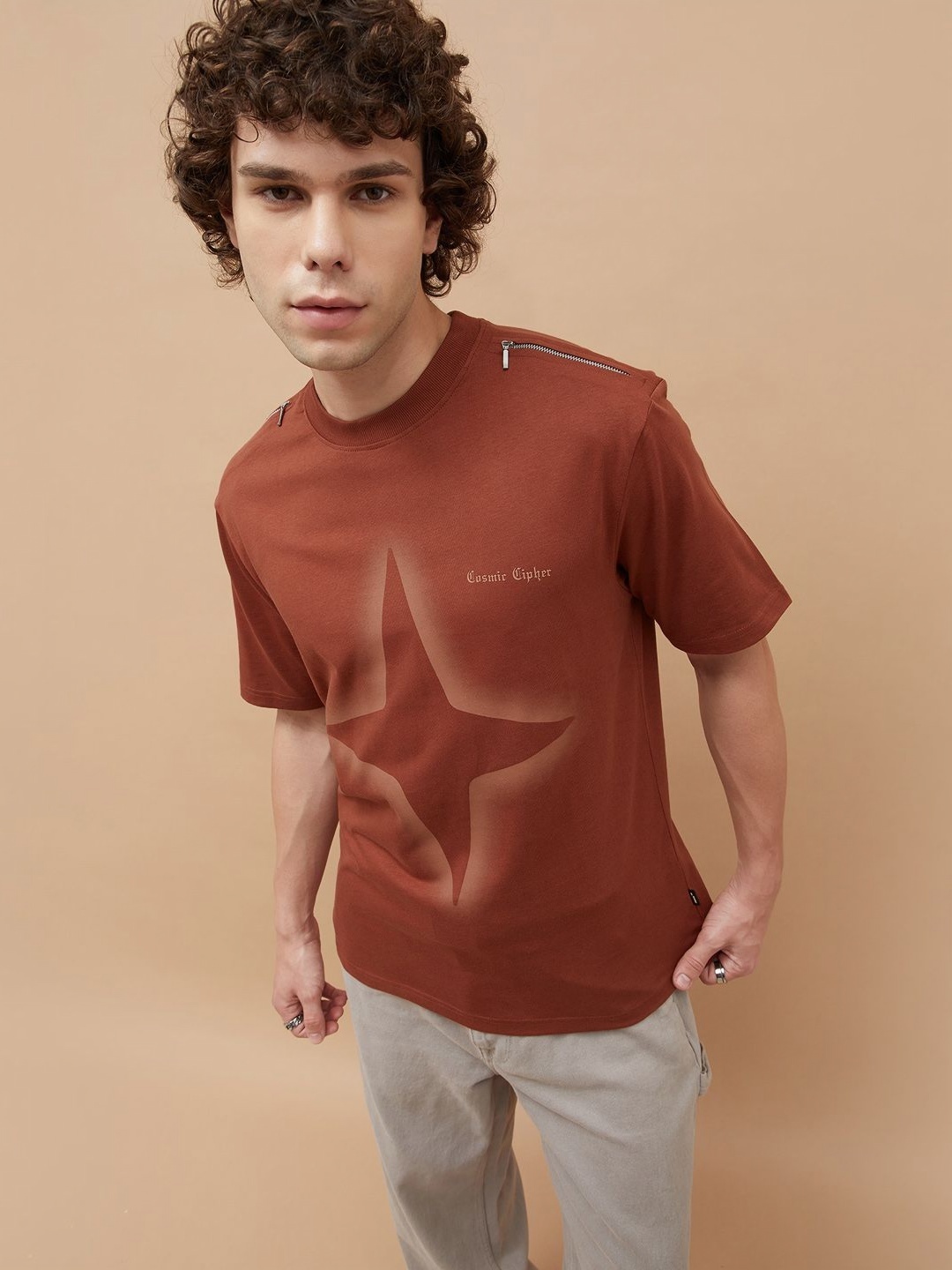 Forca Men Graphic Printed Round Neck Cotton T-shirt, Rust