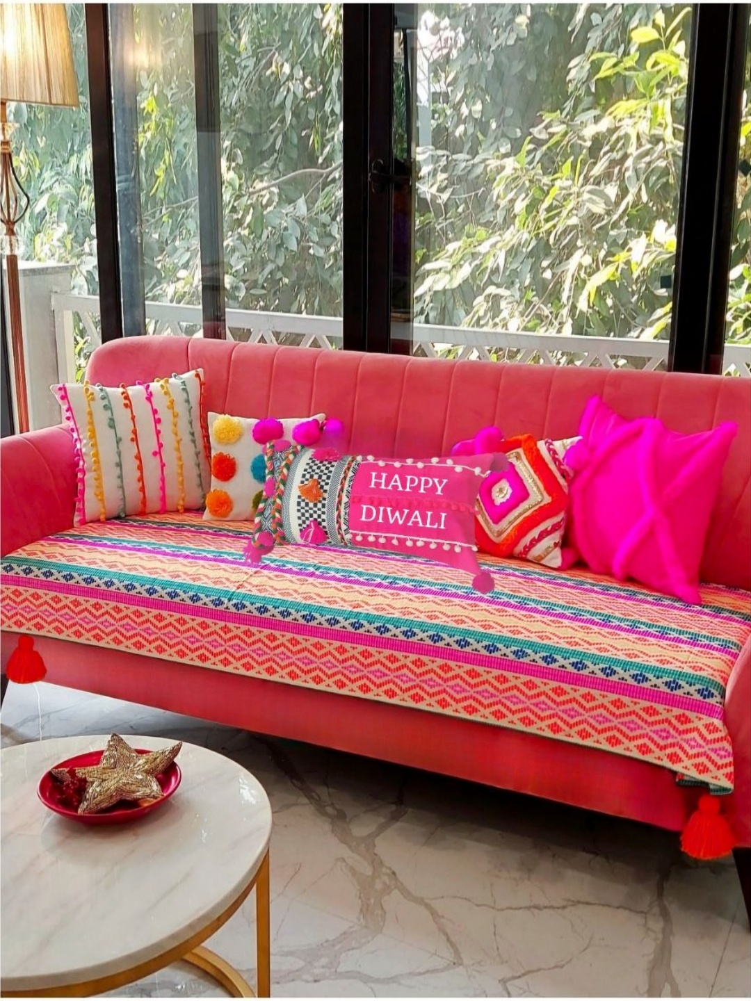 THROWPILLOW White & Pink Ethnic Motifs Printed Sofa Cover