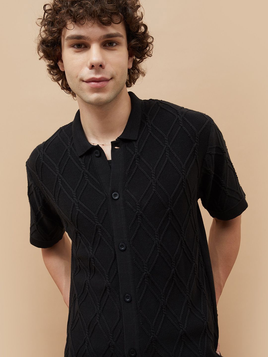 Forca Men Spread Collar Textured Cotton Relaxed Fit Casual Shirt, Black