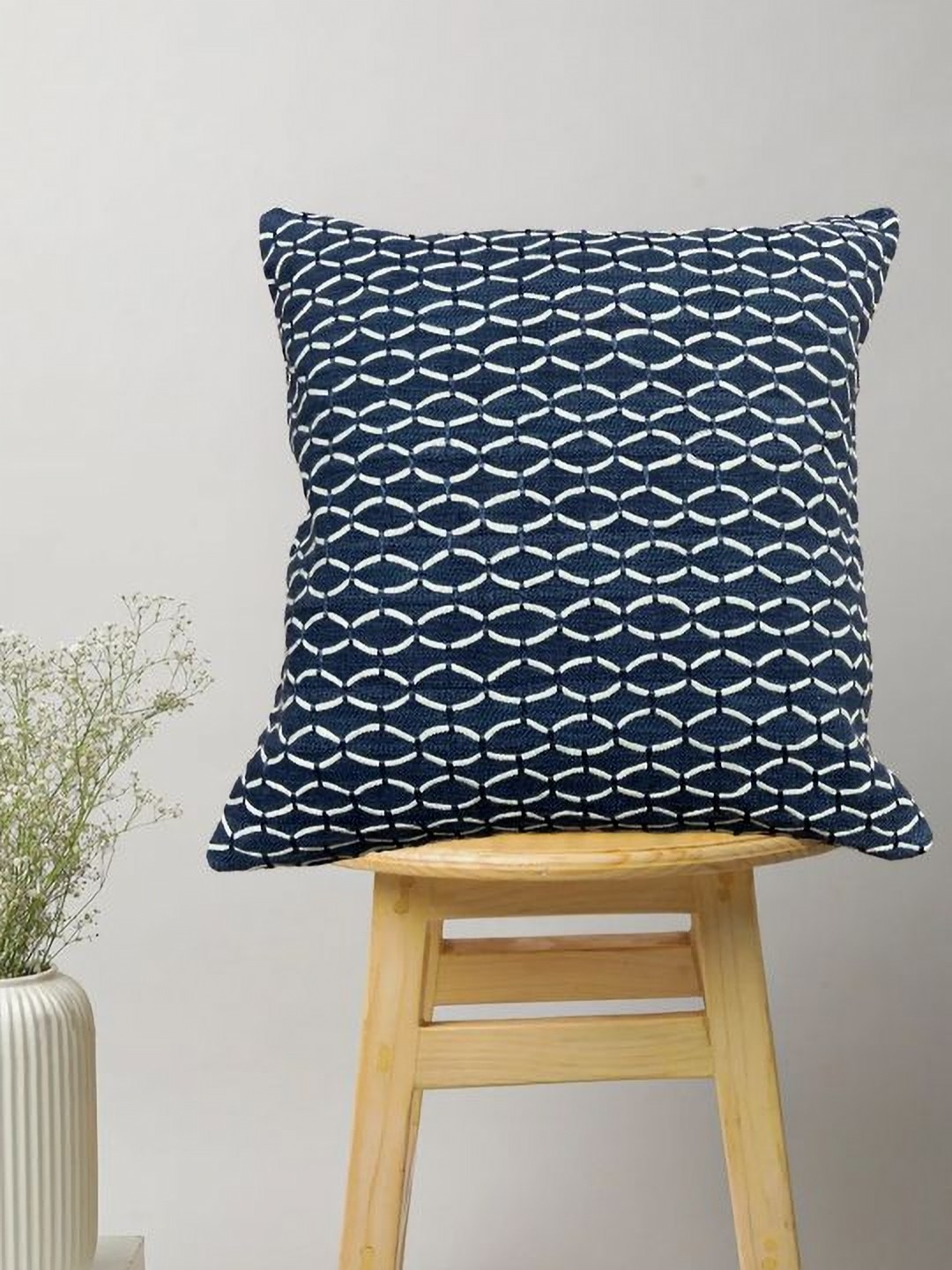 

SAJAVAT Navy Blue & White Geometric Cotton Square Cushion Cover