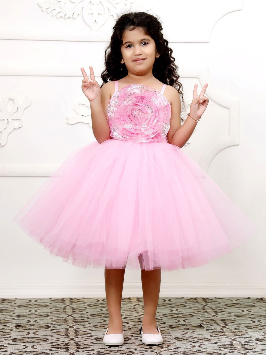 

Toy Balloon kids Girls Self Design Net Fit & Flare Dress, Pink
